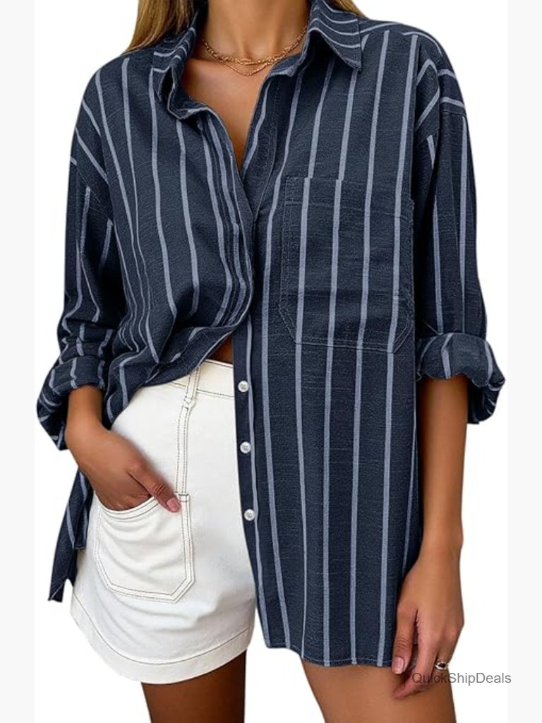Oversized Linen Button Down Shirt Long Sleeve Collared Blouse With Pocket